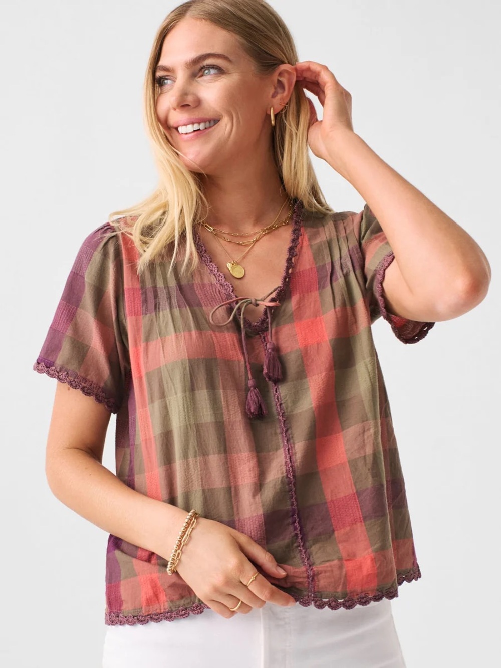 Faherty Margate Blouse in Plaid Organic Cotton Size Medium